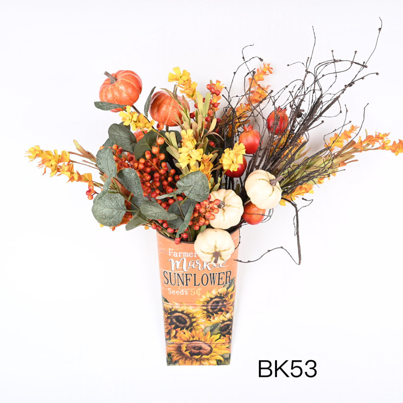 Artificial Fall Autumn Pumpkin Flowers Arrangement in Pot
