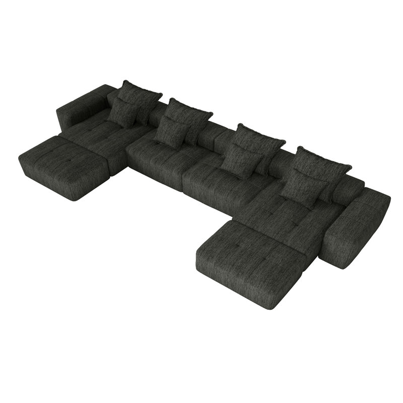 Roseate Boneless 198.43" Oversized 8-Piece Modular Sectional Sofa Sparkling Chenille Fabric With 8 Pillows, Black