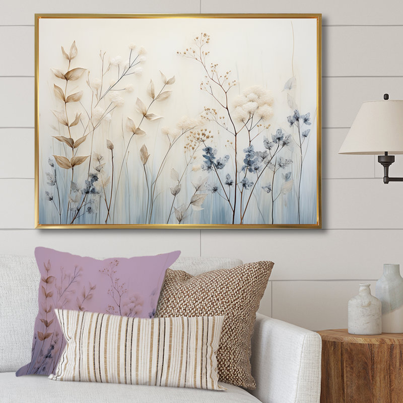 Beige et herbes bleues harmonie minimale - art mural herbes pour le salon, Silver Picture Framed, 34" H x 44" W