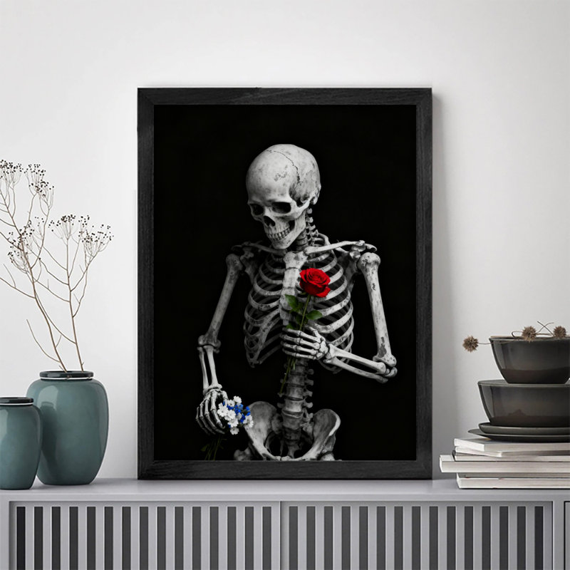Art mural rétro noir squelette et rose encadré de style fantôme squelette foncé, H 11 po x l 9 po