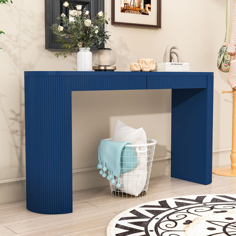 Elegant Entryway Table with Arched Legs, Striped Detailing and Hidden Storage Drawers, Navy Blue