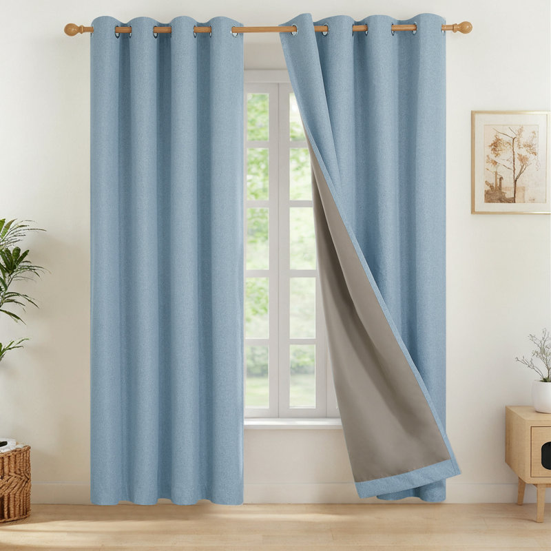 Full Blackout Faux Linen Look Thermal Insulated Grommet Curtains (Set of 2), Beige, 52" W x 45" L