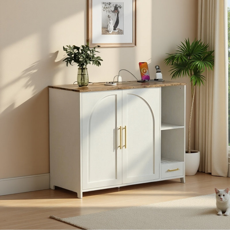 Armoire à litière pour chat 40,5 pouces cachée à l'épreuve des chiens avec multiprise, White/Brown