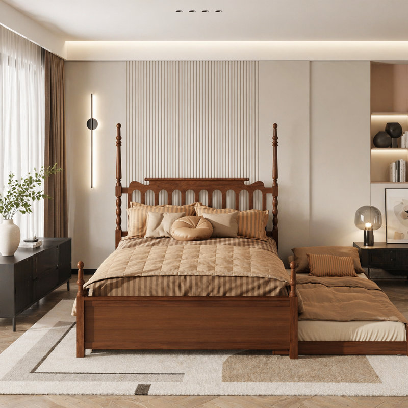 Structure de lit plateforme grand avec lit gigogne simple TG et 2 tiroirs de rangement, lit en bois avec tête de lit à broche, lit d'invité peu encombrant