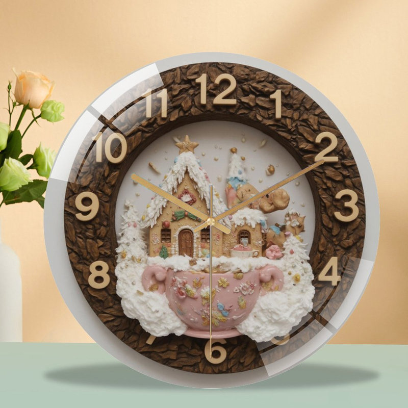 Gingerbread-Village-Clock-Teacup Art - 12‘’ Modern Glass Wall Clock