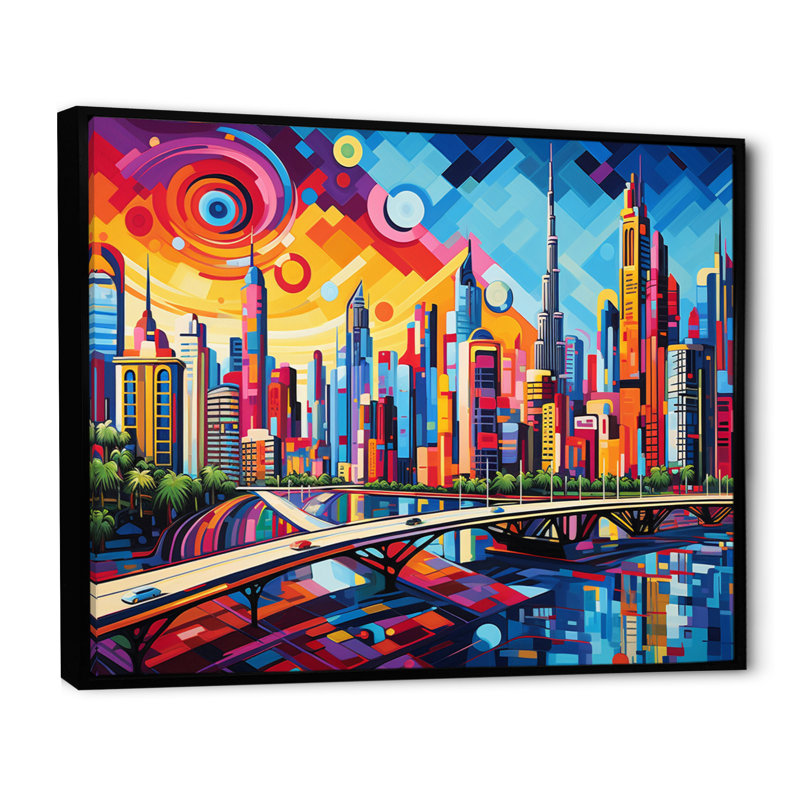 " Pop Art Dubai Cityscape II ", 24" H x 32" W x 1" D, Black Floater Framed