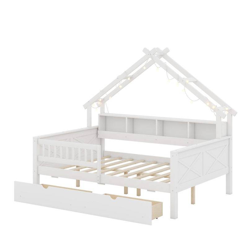 Lits plateforme en bois avec DEL, tablettes de rangement, tiroirs et garde-corps, Blanc