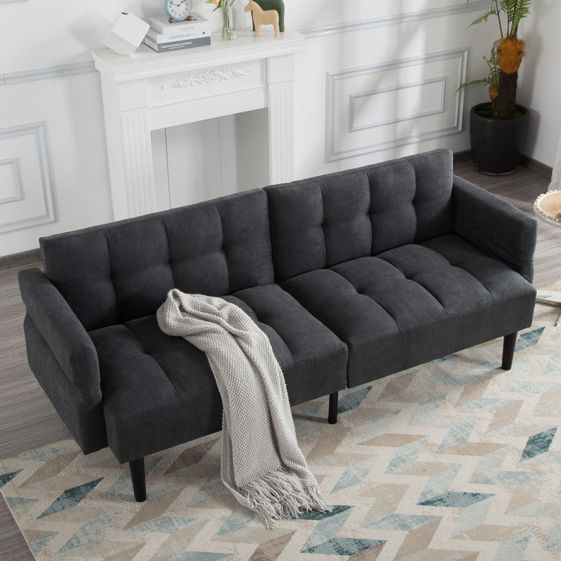 Canapé-lit futon classique de 76,8 po avec support à pieds allongés et dossier capitonné Ebern Designs, Gris foncé