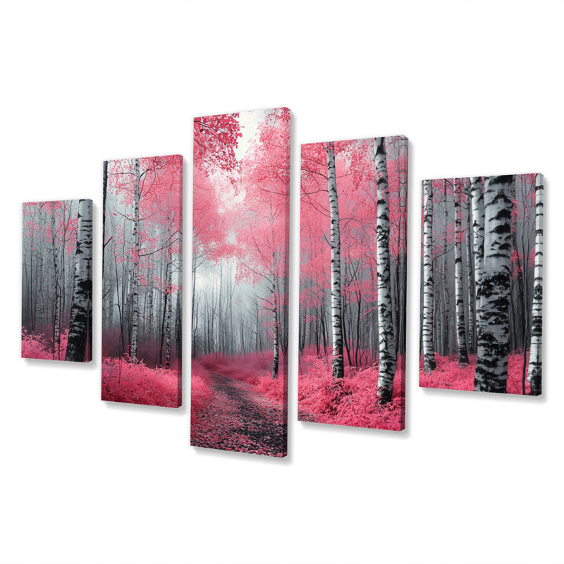 Bouleaux roses, chemin forestier, Panorama I - ensemble de décorations murales forêt