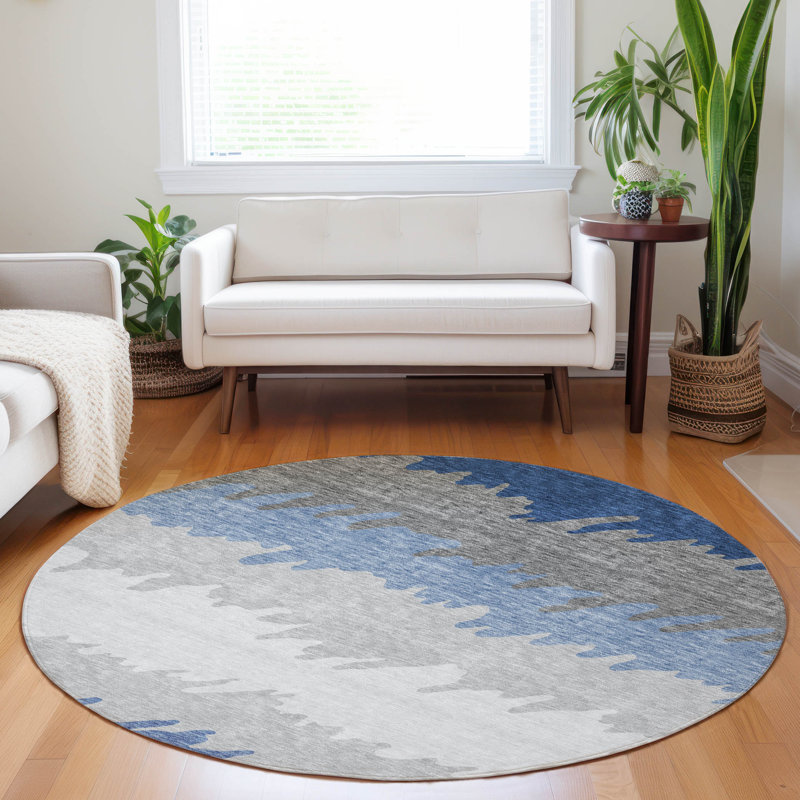 Premium Machine Washable Tweedy Navy Rug, Round 8' x 8'