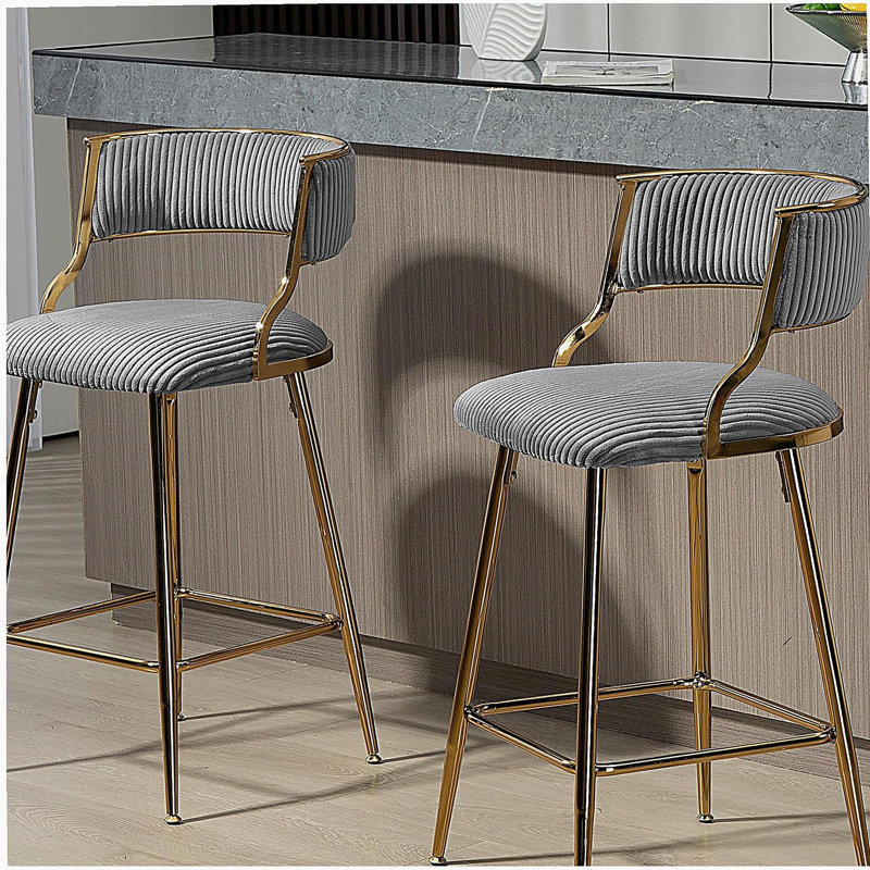 Ensemble de 2 tabourets de bar, tabouret de bar de 26 po de hauteur de comptoir, tabouret de comptoir en velours ondulé pour îlot de cuisine, avec dossier, base et repose-pieds chromés