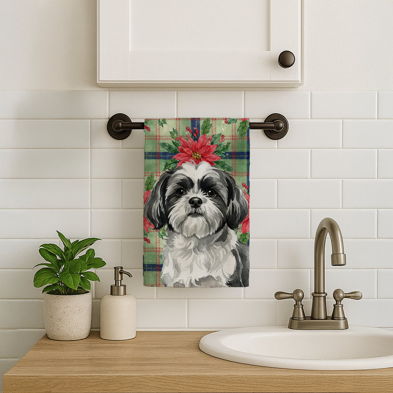 Black and White Shih Tzu Christmas PoinsettIas Kitchen Towel, Black/White Shih Tzu