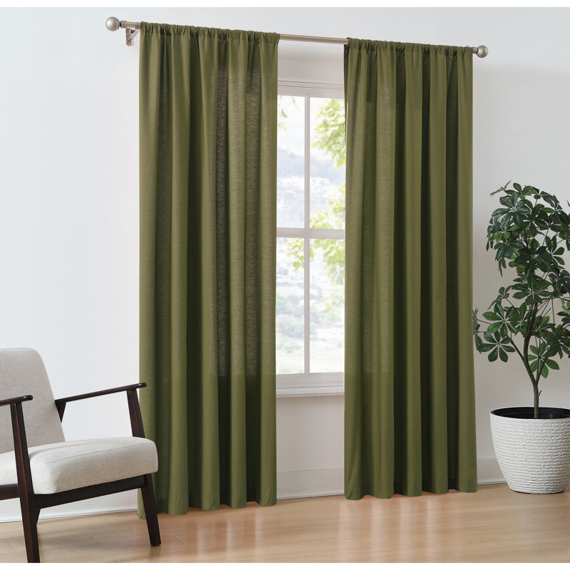 Ebern Designs Solid Cotton Percale Window Curtain Pair, Olive Green, 50" W x 84" L