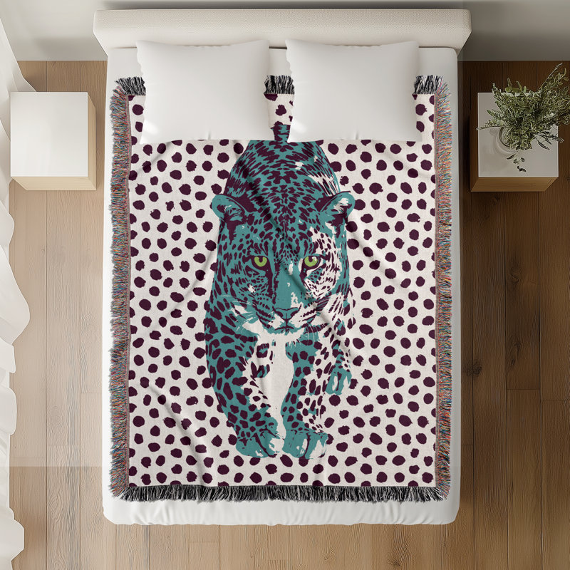 Jeté en mélange de coton Inky Leopard, Bleu sarcelle / mauve / blanc cassé, L 60 po x l 60 po