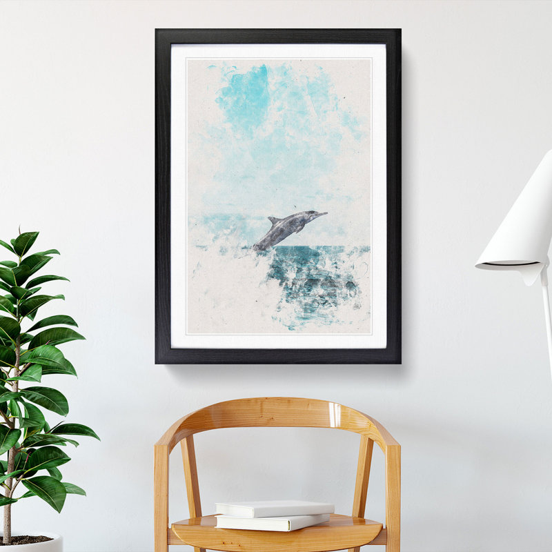 Jumping Dolphin Watercolour 1 Piece Single Picture Frame Painting on MDF, 63cm H x 45cm W x 2cm D, Black Framed