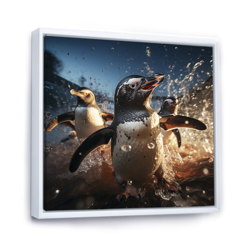 Valse pingouin aquatique ludique, Cadre flottant blanc, H 16 po x l 16 po
