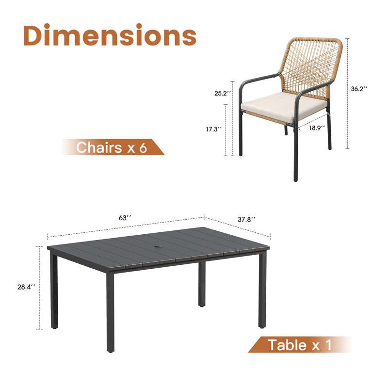 Ensemble de salle à manger rectangulaire pour 6 personnes avec chaises rembourrées empilables en rotin, Noir