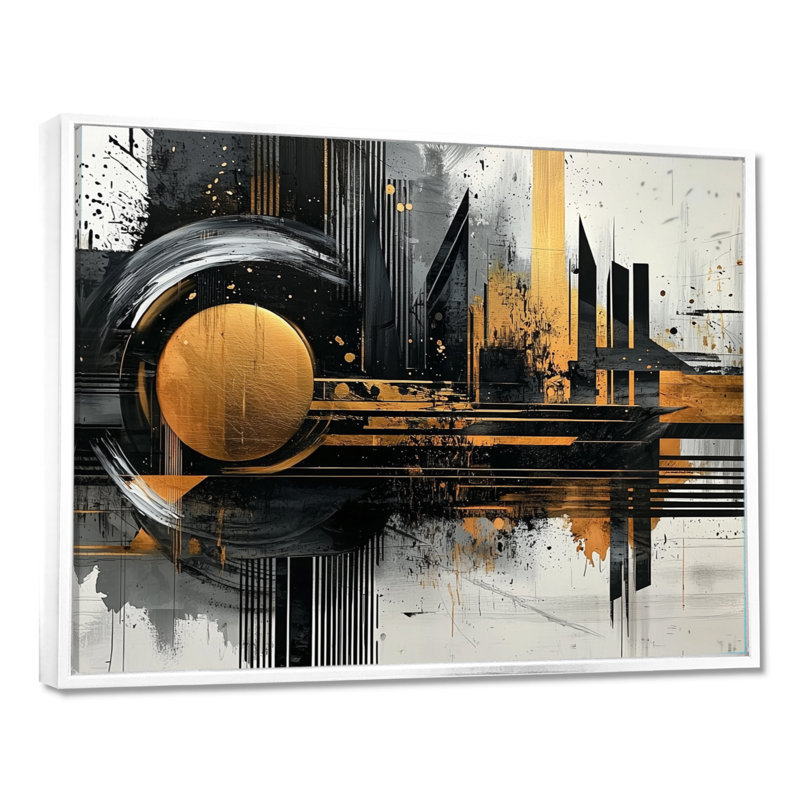 «Dark Transition Golden Shifting Horizons I», art abstrait transitionnel de formes modernes, Impression encadrée flottante