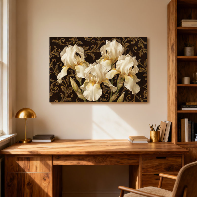 Plantes et fleurs élégantes iris blancs sur fond orné foncé, H 16 po x l 24 po
