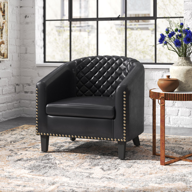 Boney 29" W Stain Resistant Faux Leather Tufted Barrel Chair, Black Performance Faux Leather