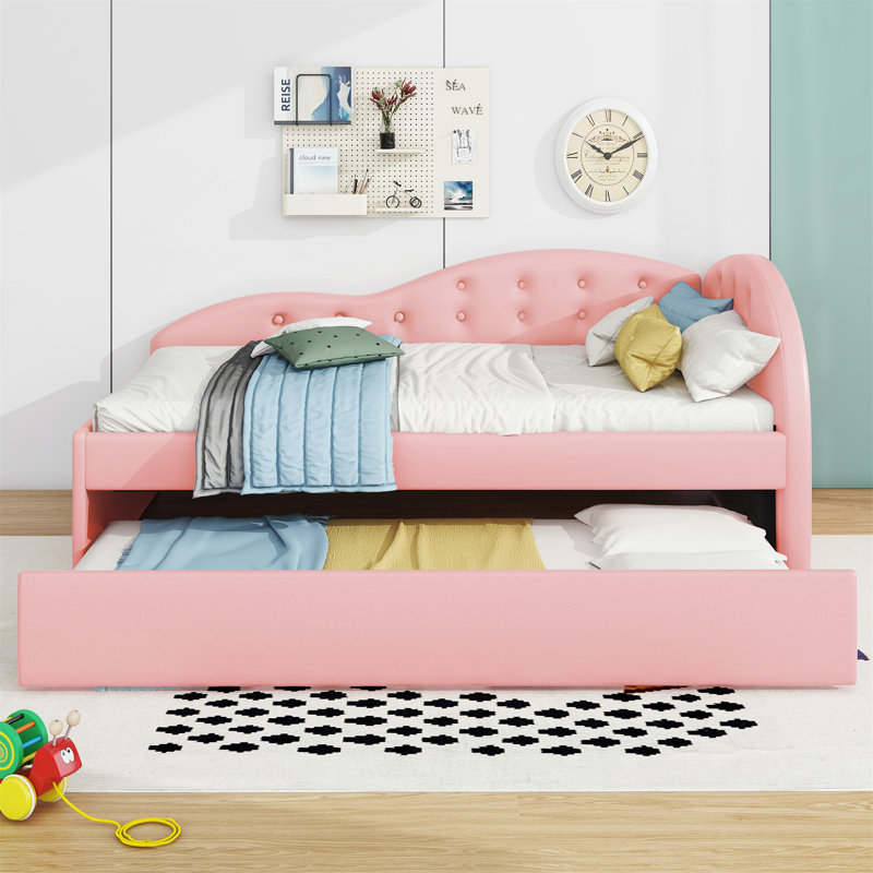 Charming Tufted Daybed with Trundle and Guardrail for Versatile Use, Pink