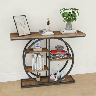 Industrial Console Table For Entryway, Narrow Sofa Table With Storage Shelves & Circle Base, Rustic Brown Accent Furniture For Hallway, Foyer, Entrance, Living Room