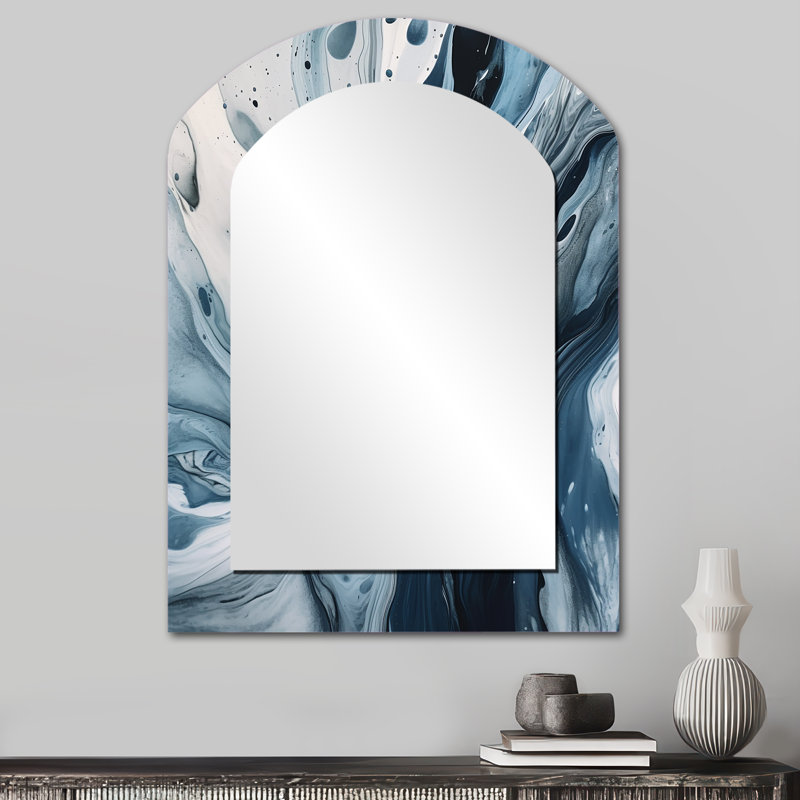Elixir III bleu et gris - grand miroir abstrait arqué, miroir mural décoratif asymétrique moderne, impression d'art en métal