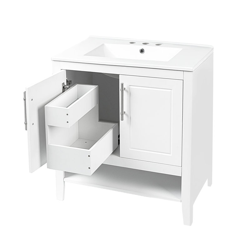 Armoire de salle de bain multifonctionnelle 30 po en céramique avec portes et tiroirs, Blanc