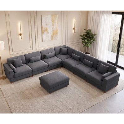 Bradshaw 136"W 8-Pieces Corduroy Modern Sectional Sofa L-Shape with Movable Ottoman