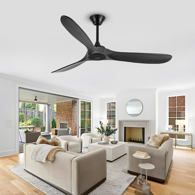 Solid Wood Ceiling Fan With Remote,3 Blade Reversible Dc Motor, Quiet Cooling For Living Room Or Bedroom, 154cm, Black