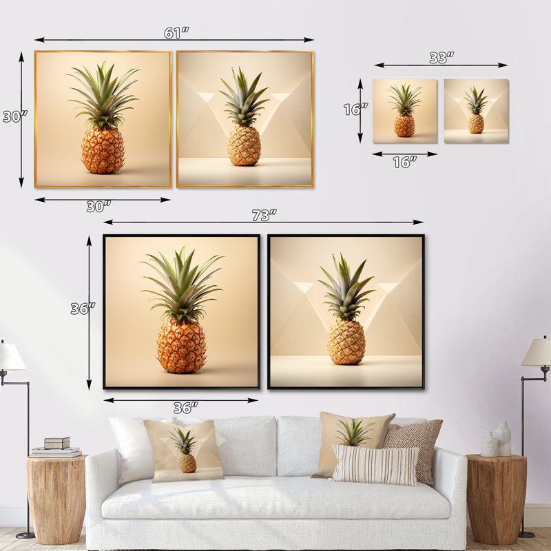 Sweet Pineapple Fantasy - Ensemble de 2 collages carrés ananas, Cadre flottant noir, H 16 po x l 33 po