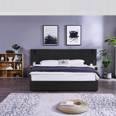 Lit plateforme tapissier hydraulique avec rangement en velours avec 2 tablettes, 2 lampes de lecture et port USB