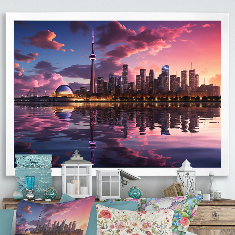 Mauve Toronto par nuit - imprimé, H 24 po x l 32 po x P 1 po, Cadre photo blanc