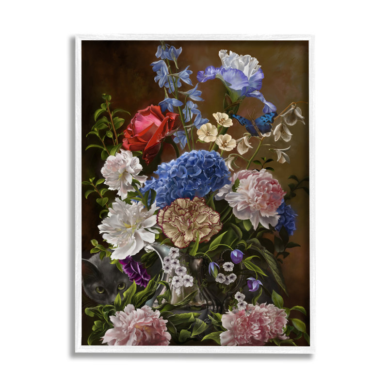 Az-470-Framed " Vintage Flowers & Cat " by Nene Thomas, Coastal White Framed Giclee, 20" H x 16" W x 1.5" D