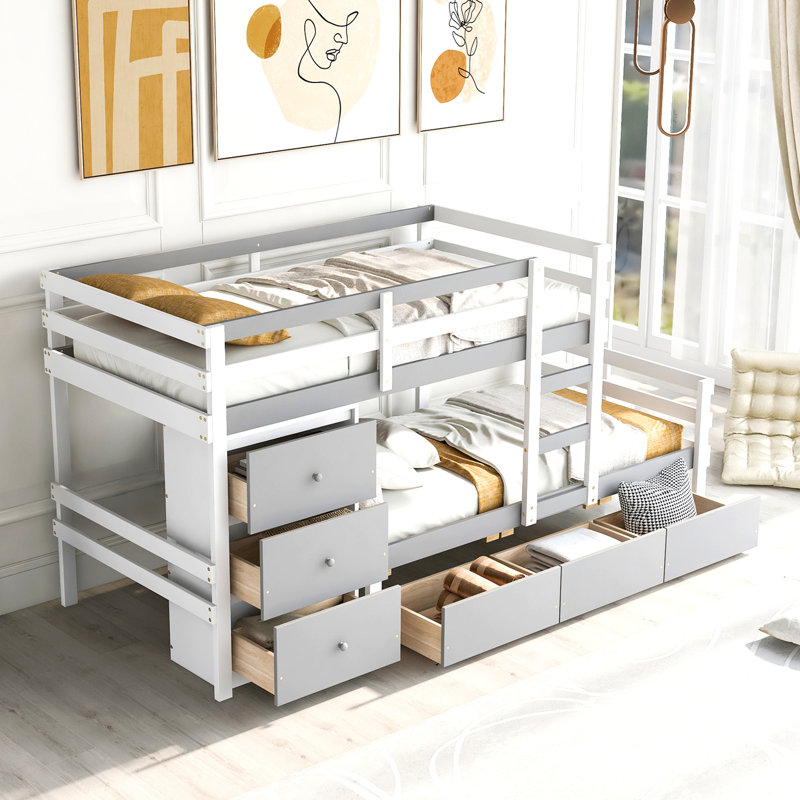 Lit superposé simple au-dessus d'un lit simple avec tiroirs et échelle, gris