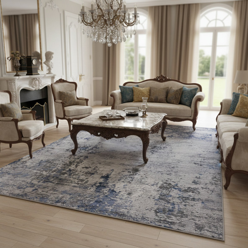 MARFI Collection Silver / Blue Abstract Doormat Rug, Rectangle 6'7" x 7'9"