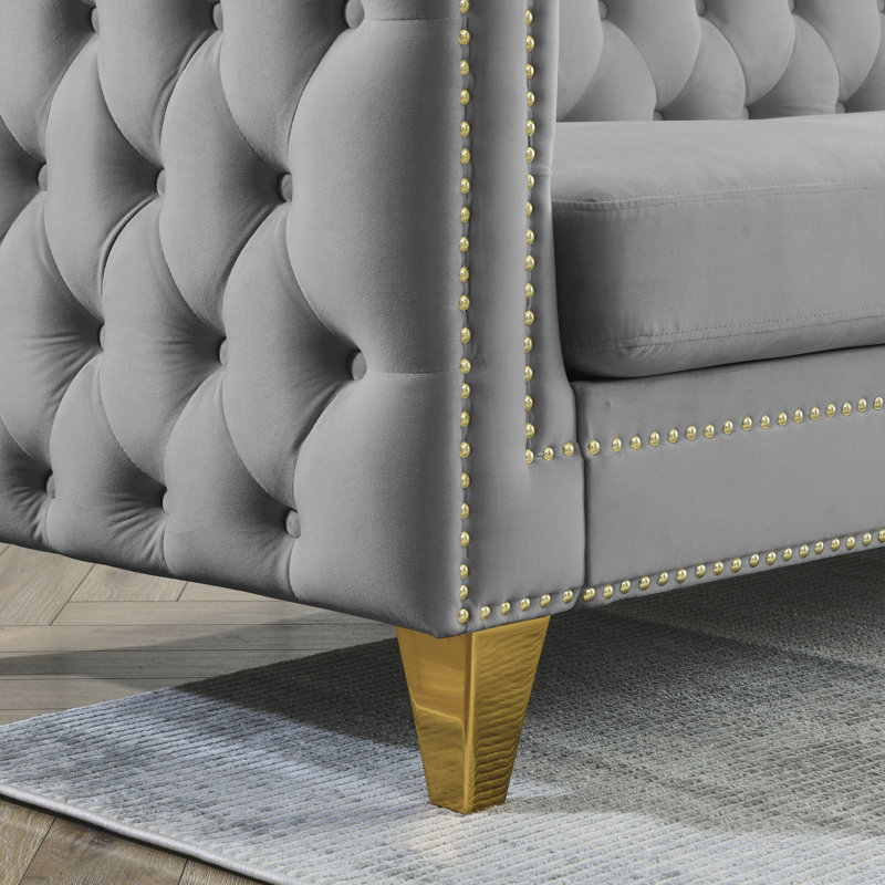 Canapé modulaire spacieux en velours gris style Chesterfield de 82,2 pouces pour la maison