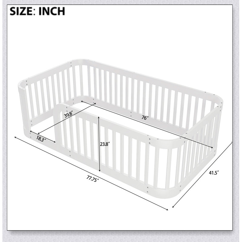 Base de lit en bois avec clôture en bois, Blanc