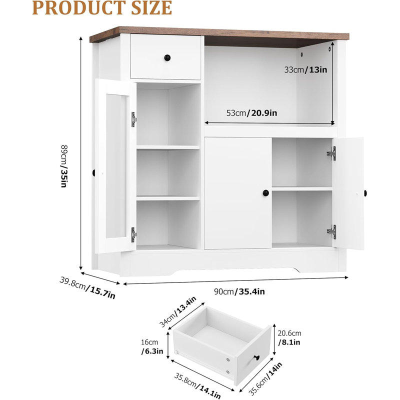 Kitchen Microwave Cabinets/Stand With 3 Doors And 1 Drawer, Buffet Cabinet Sideboard With Adjustable Shelves, White/Walnut