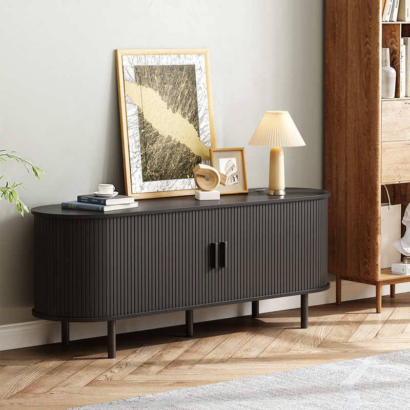 Meuble télé avec rangement et tablettes Jalonda, Noir, H 21,7 po x l 55,1 po x P 15,7 po