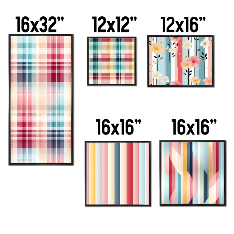 Motif de carreaux rétro bleu et rose - ensemble de 5 impressions sur toile écossaise, Cadre flottant noir