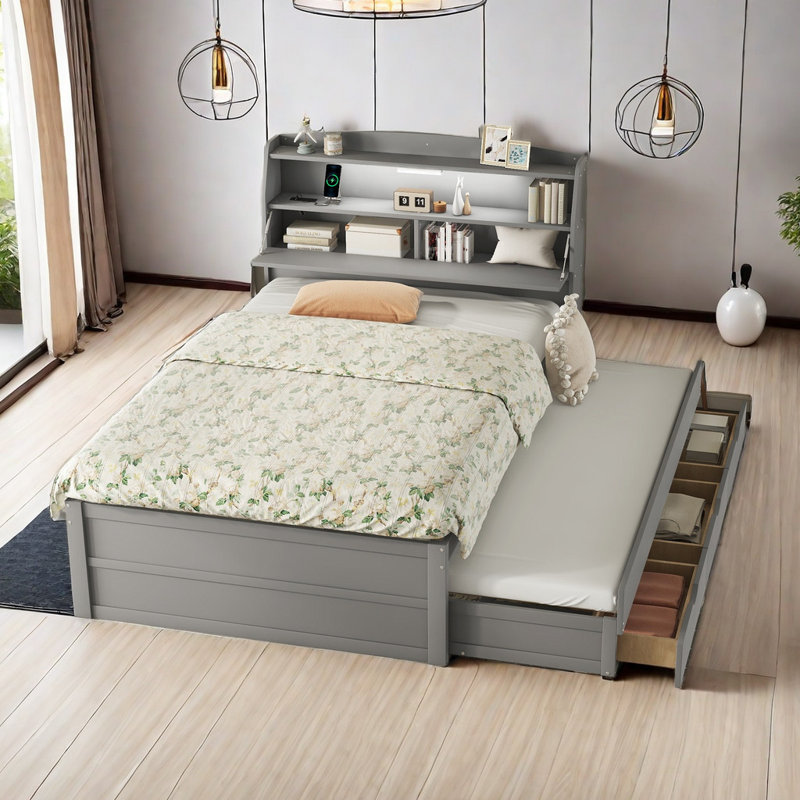 Wooden LED Platform Bed With Trundle, With Storage Headboard, With Drawers, Full, Gray