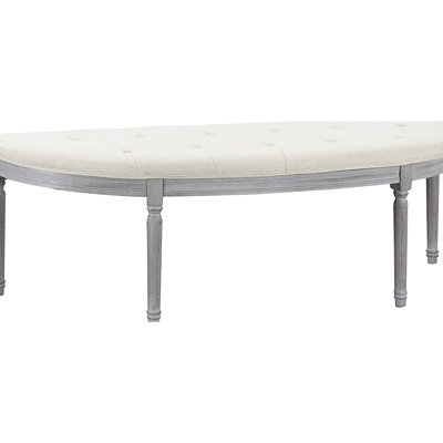 Button Bench Upholstered In Beige With Coastal Allure And Weathered Gray Legs, For Primary Living Space, Staggered Spot Cleanable, American Style, 24 Lb Weight Fits Flush Wall Areas,
