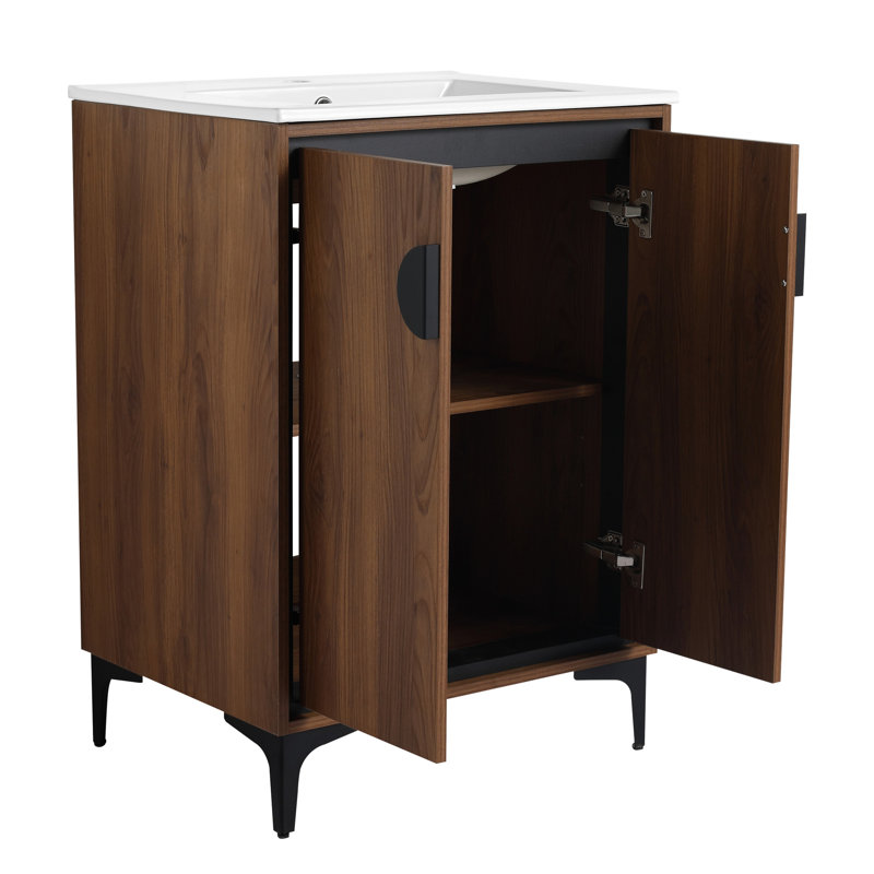 Meuble-lavabo de salle de bain avec lavabo supérieur, portes d'armoire modernes. Bois d'ingénierie, -, beaucoup d'espace. Facile à assembler. Brun, armoire design. Bois, rangement. Installez et nettoyez.