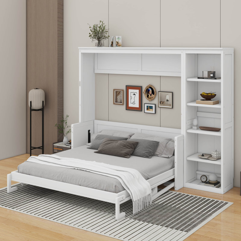 Grand lit escamotable avec bureau et bibliothèque, Blanc, Grand lit