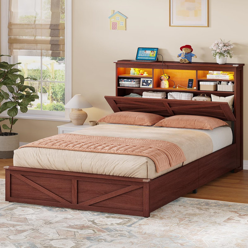 Farmhouse Twin Bed Frame with Hydraulic Lift Storage, LED Lights & Charging Station, Brown, Twin, Brown