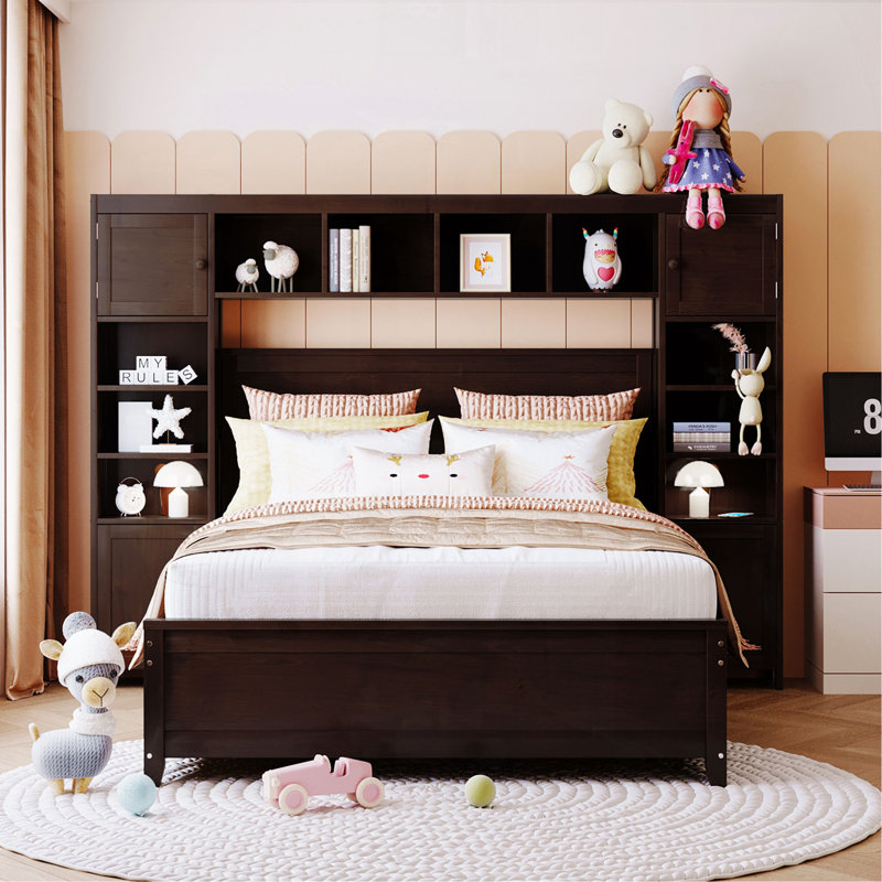 Lit double en bois avec armoire et tablette tout-en-un, espresso