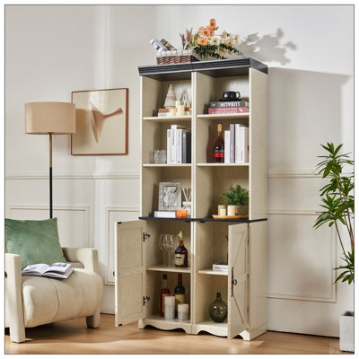 Grande armoire de rangement Farmhouse avec tablettes réglables, bibliothèque en bois aggloméré à finition grain de bois 3D, casiers de présentation ouverts et rangement de porte de grange fermée, bibliothèque librement combinable pour le bureau de la chambre à coucher