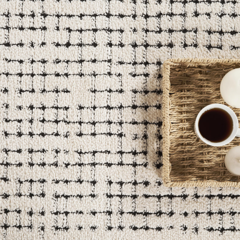 Abani Oliver OLV120B Modern Cream Black Textured Crosshatch Minimalist Area Rug, 7'9" x 10'2"