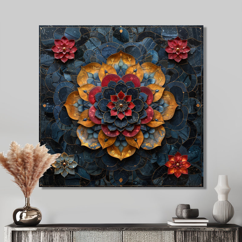 Fleur de lotus rouge, pétales dorés - mandala boho, Métal métal, H 16 po x l 16 po x P 1 po